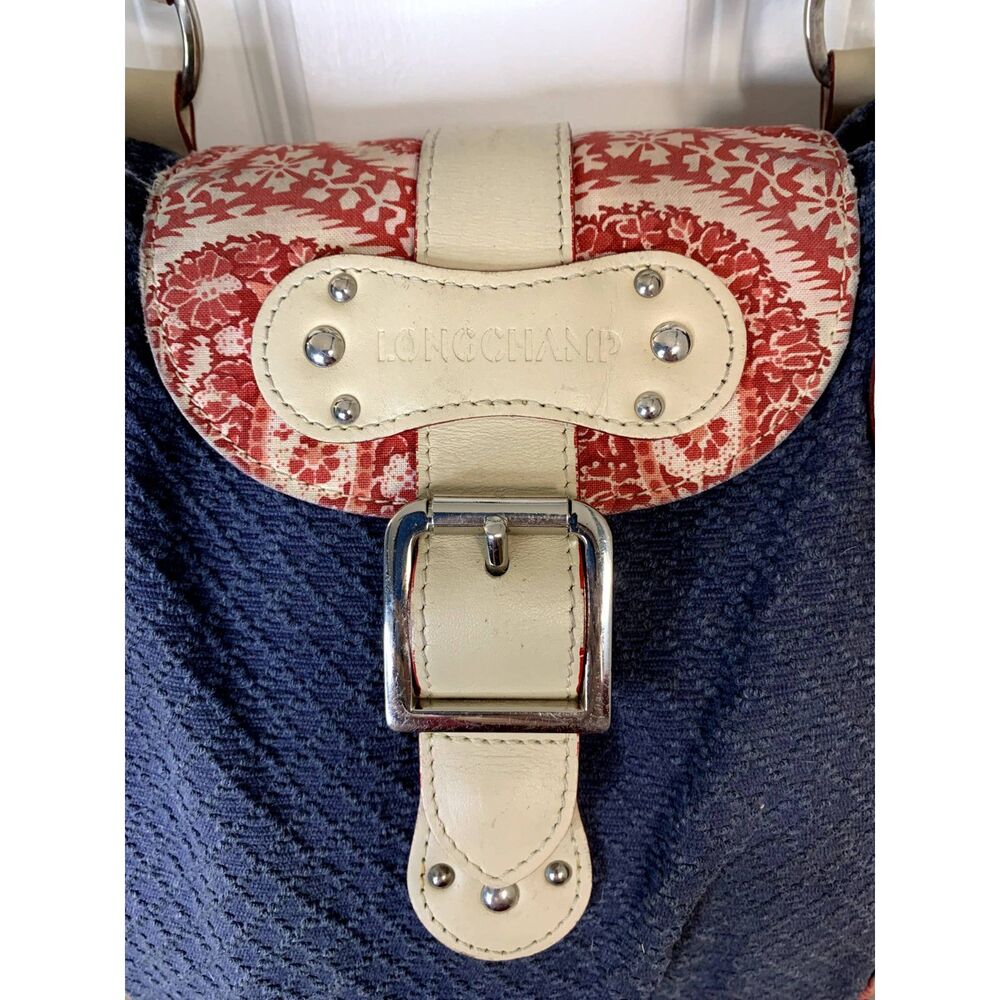 Longchamp RARE Idole Canvas Fabric and Leather Blue Floral Satchel Shoulder Bag - Picture 5 of 14